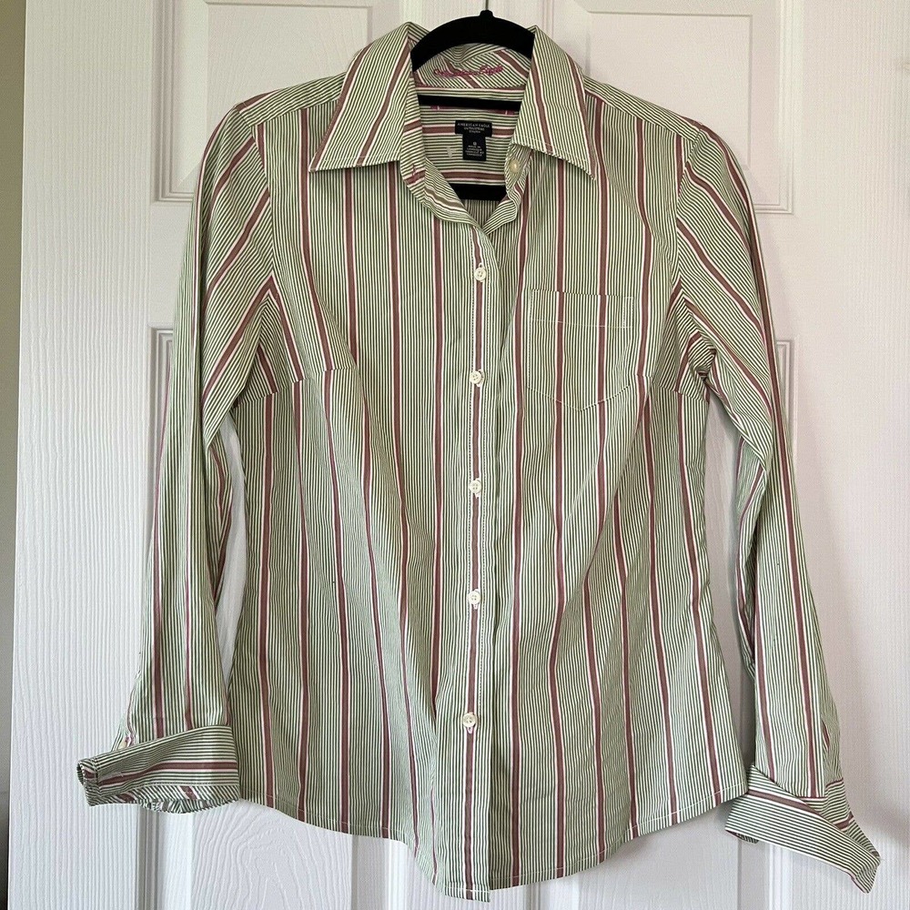 AMERICAN EAGLE Favorite Fit LS Green/Pink Stripe Button Down Stretch Shirt Sz 8